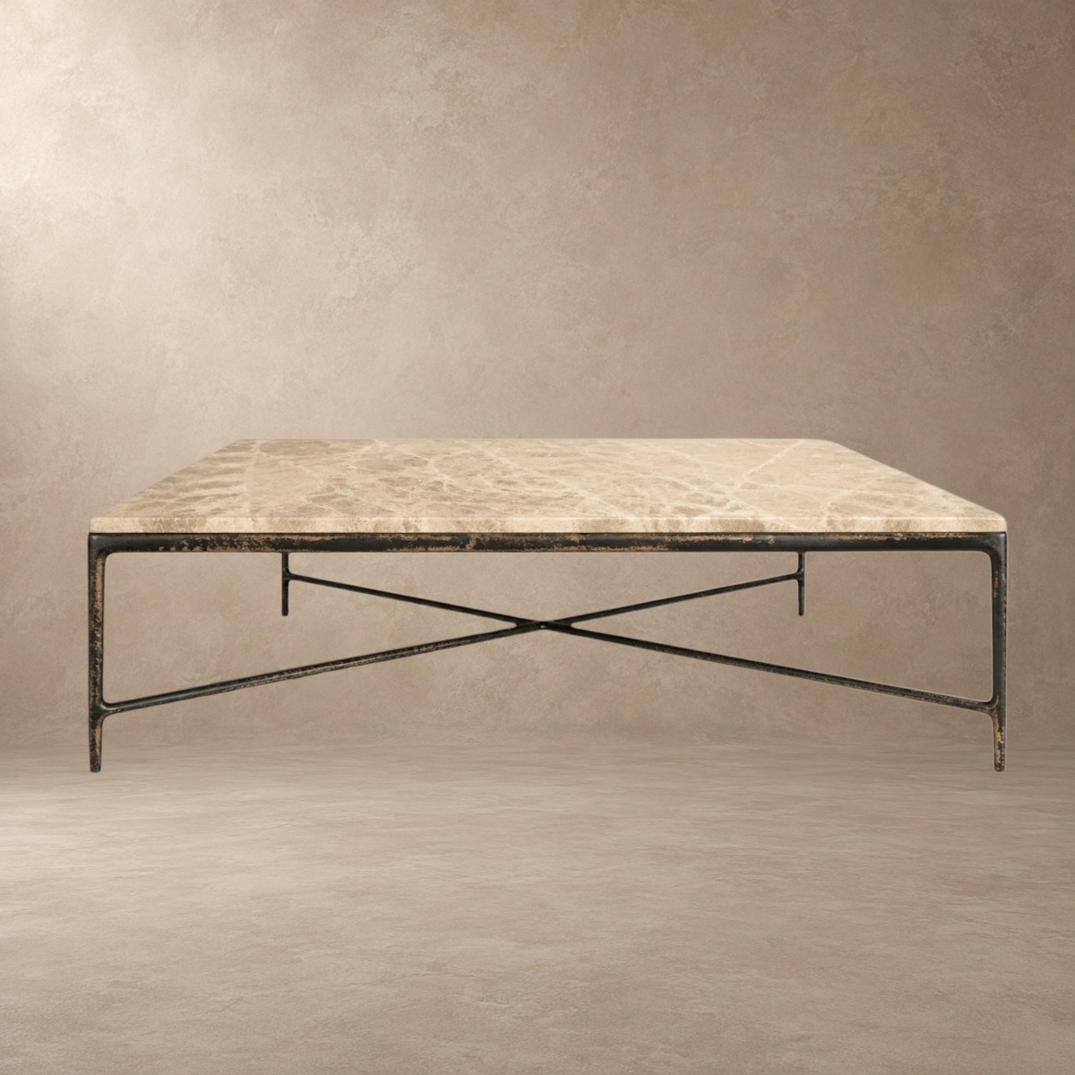 Happyarcadian Square Hammered Metal and Marble Coffee Table