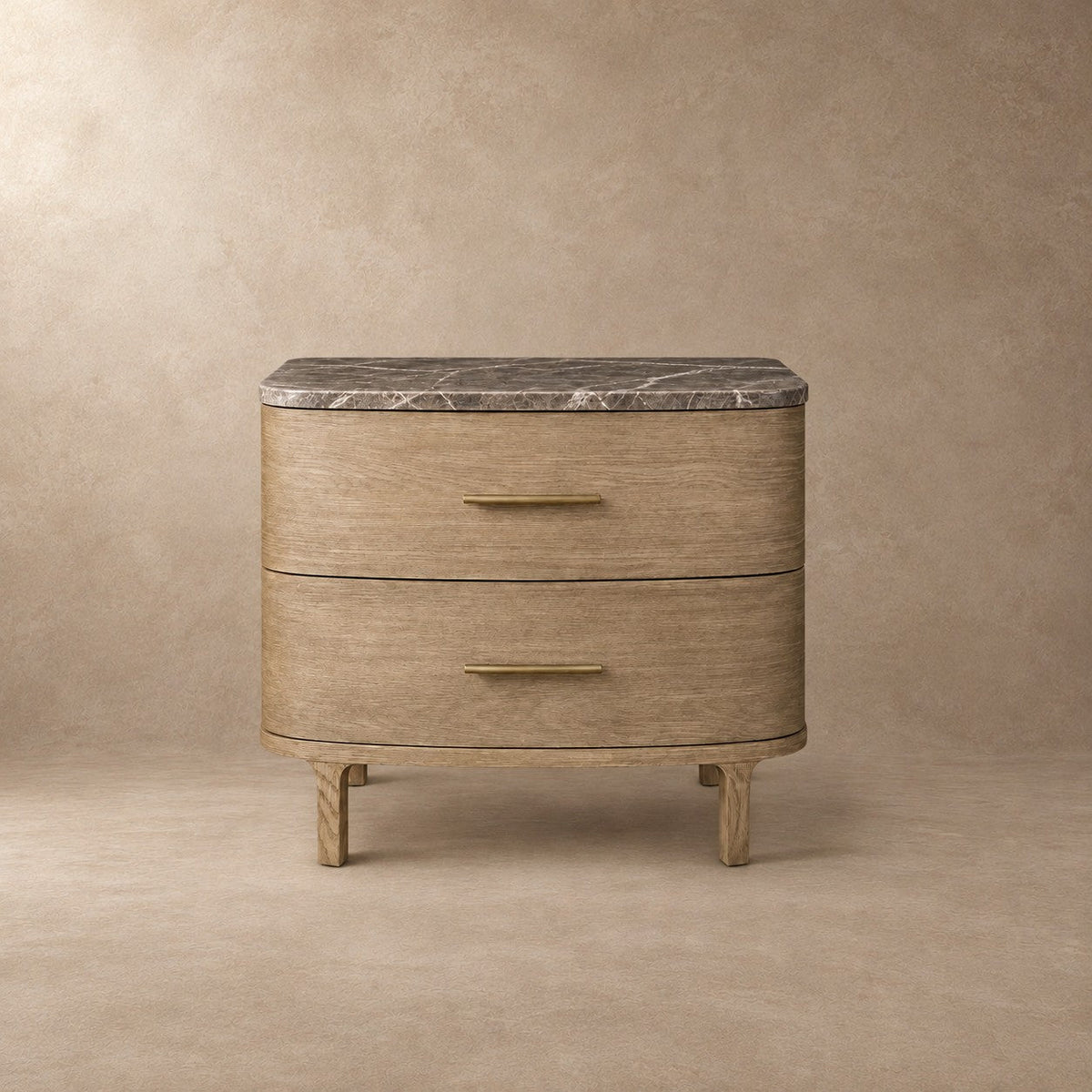 Two-Drawer Marble Top Bedside Table With Brass Pulls