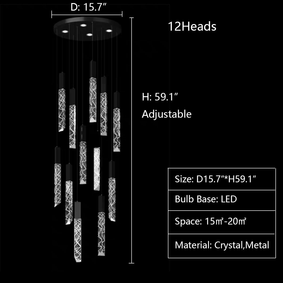 12Heads: D15.7"*H59.1" chandeleir,chandeliers,extra large,large,huge,big,oversize,rob,rectangle,round,crystal,metal,stairs,villa,loft