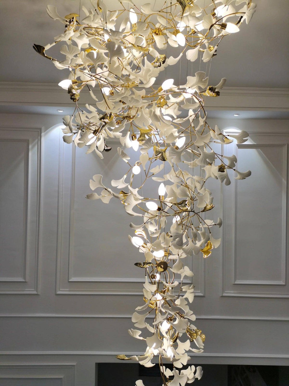 Extra Large Ceramics Ginkgo Leaves Twig Chandelier for High Ceiling Living Room/Hotel Hall