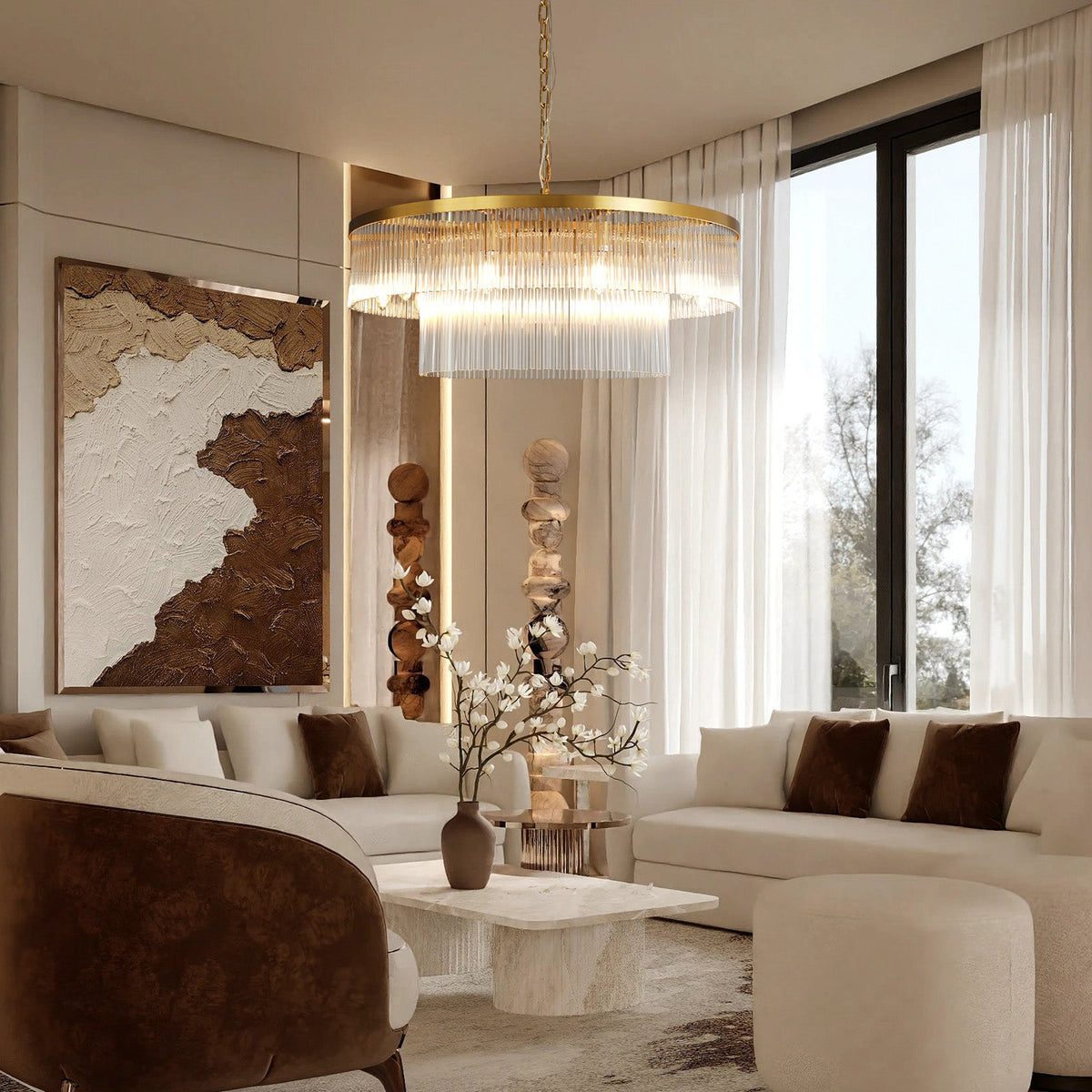 Two-Tier Striped Column Round Pendant D800 - Gold