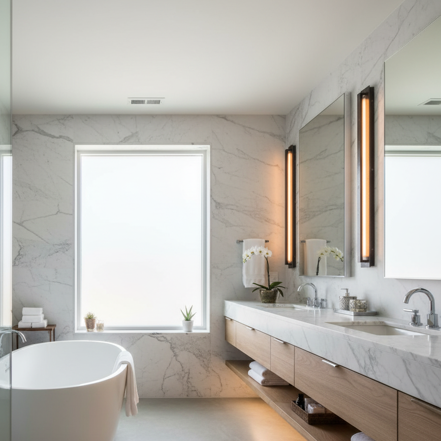 George Grand Iron LED Wall Sconce for Modern Ambient Lighting - bathroom Scene