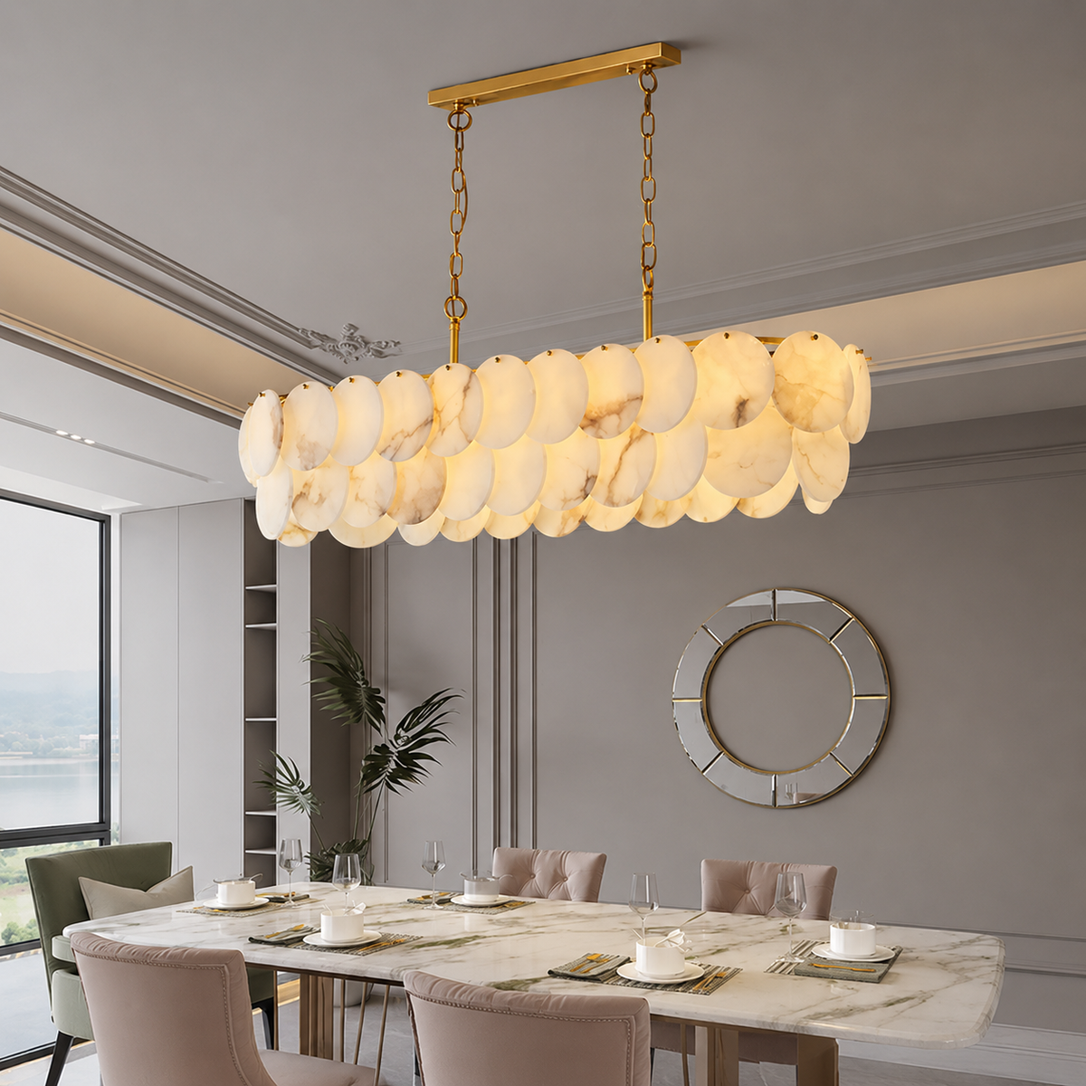 Dining Room Linear Chandelier | French Art Deco Spanish Alabaster | Valencia