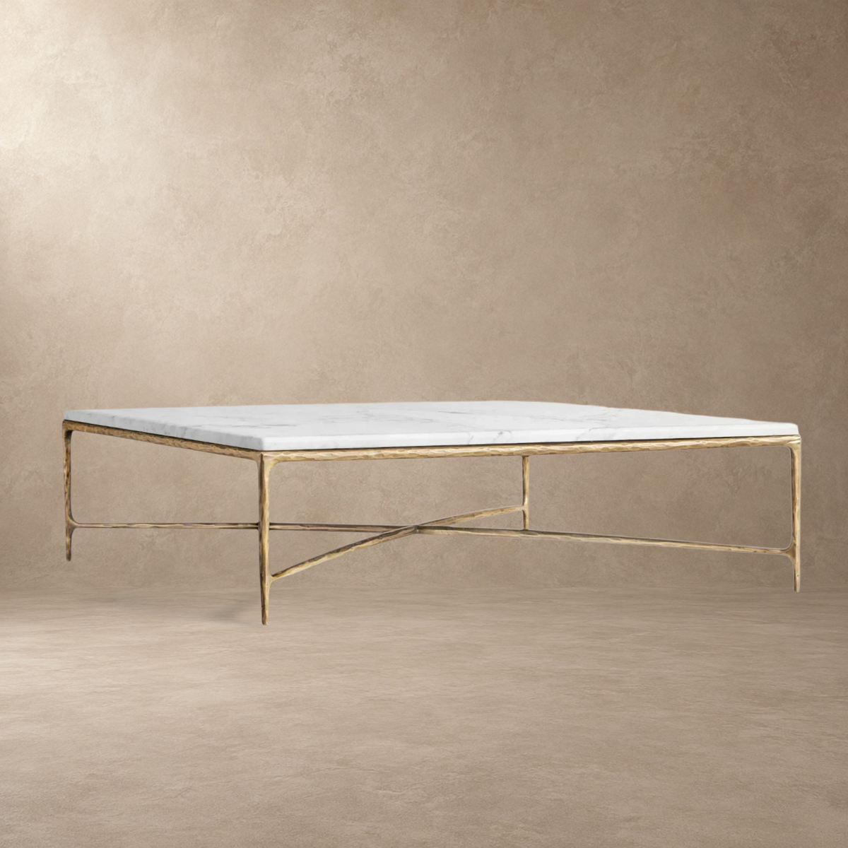 Happyarcadian Square Hammered Metal and Marble Coffee Table