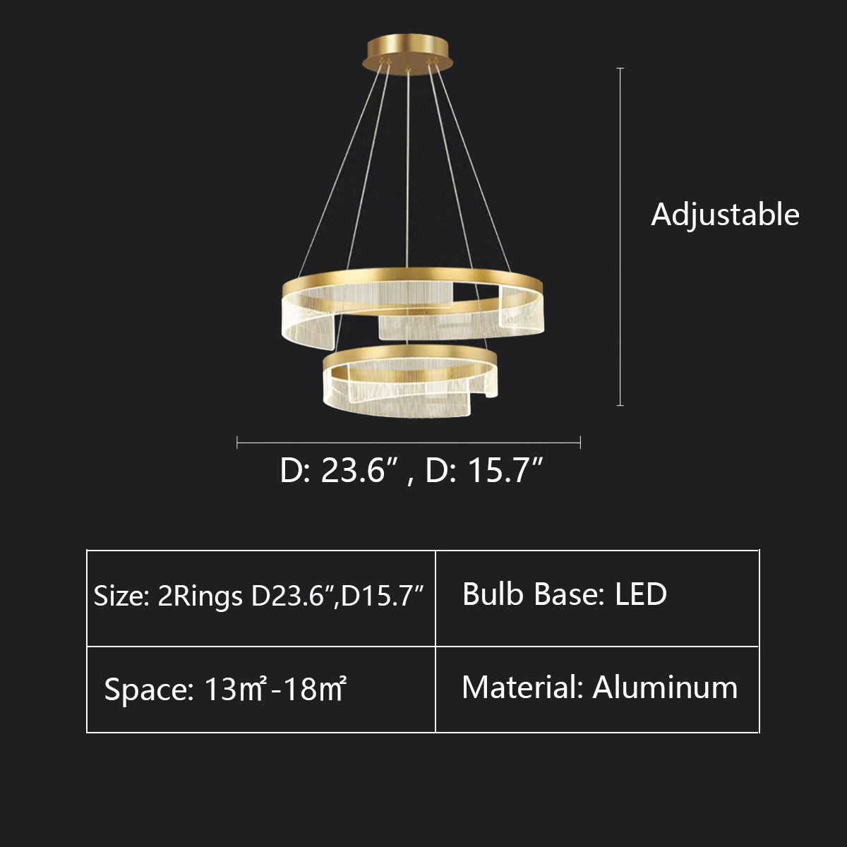 2Rings: D23.6",D15.7" chandelier,chandeliers,aluminum,gold,adjustable,Acrylic lampshade,dining table,round,ring,circle,round table,big table,long table,light fixture,living room,bar,cafe,dining room,foyer,entryway
