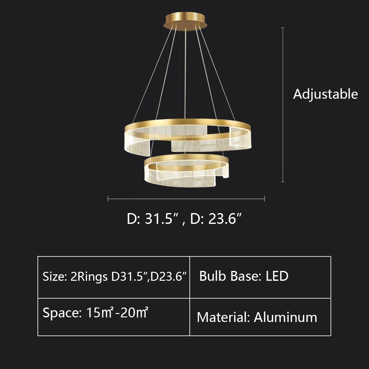 2Rings: D31.5",D23.6" chandelier,chandeliers,aluminum,gold,adjustable,Acrylic lampshade,dining table,round,ring,circle,round table,big table,long table,light fixture,living room,bar,cafe,dining room,foyer,entryway