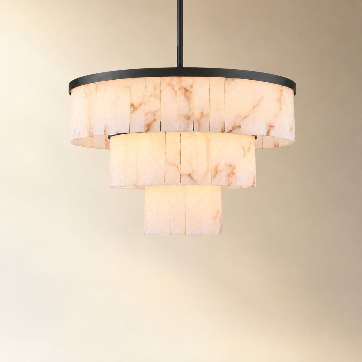 34.3" 3-Tier Alabaster Round Chandelier - Black