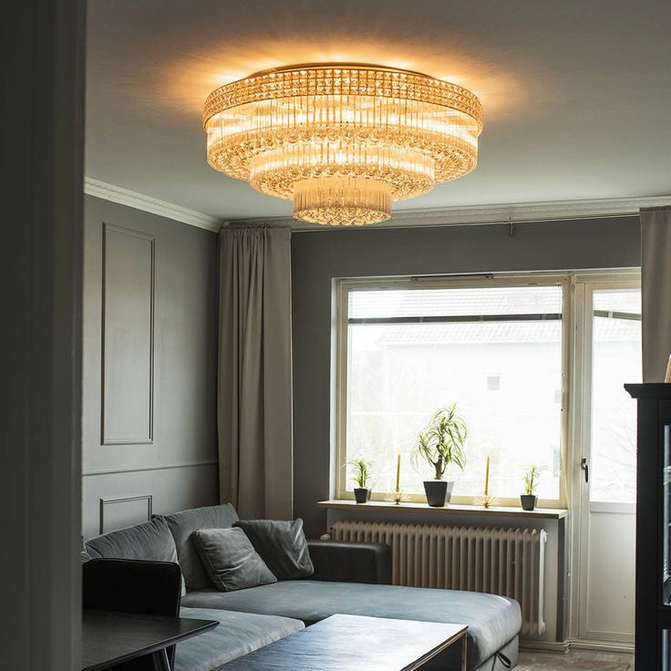 Extra Large Three Layers Round Luxury Flush Mounted Crystal Chandelier