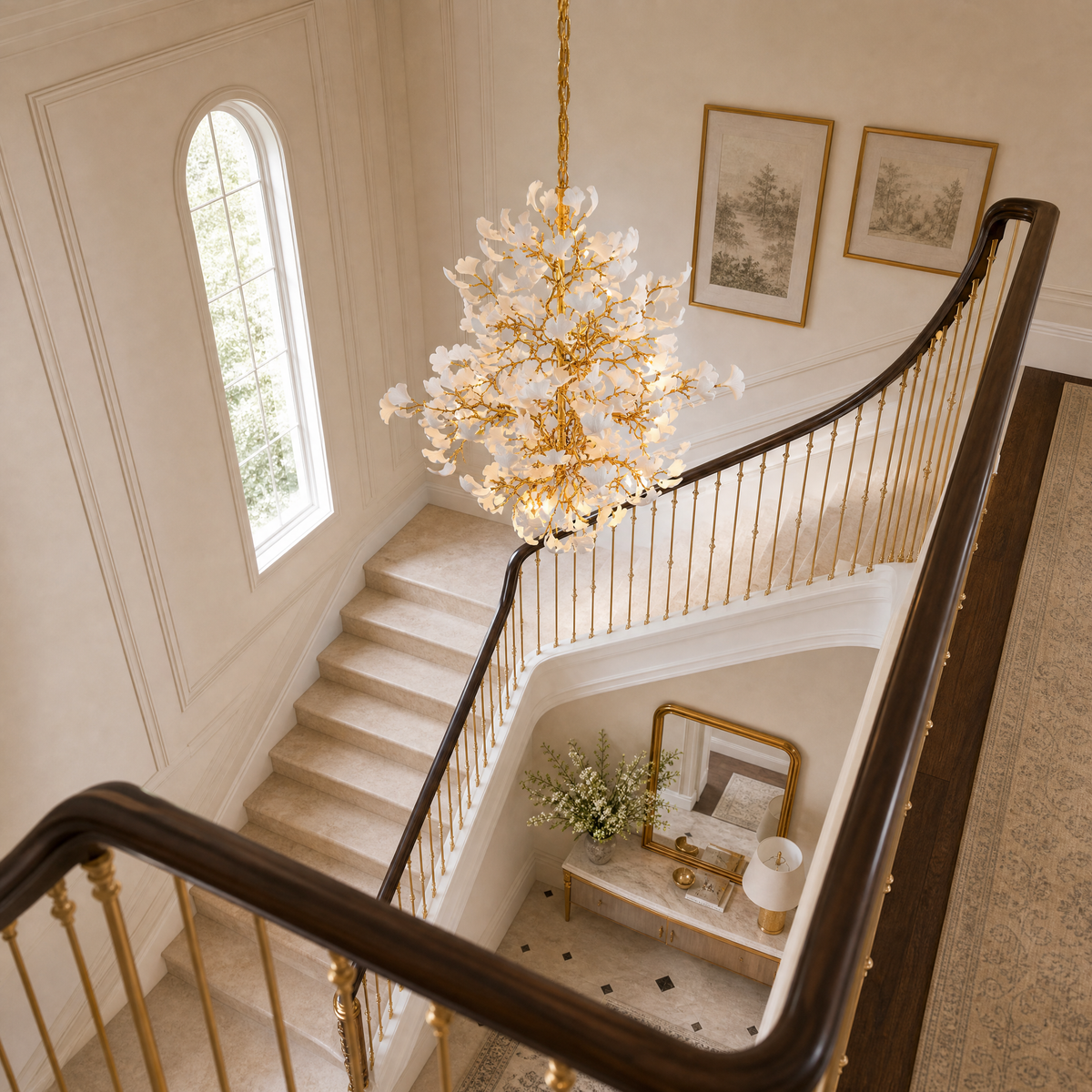 Moon Ring Ceramic Ginkgo Leaf Staircase Chandelier D1200 - Gold