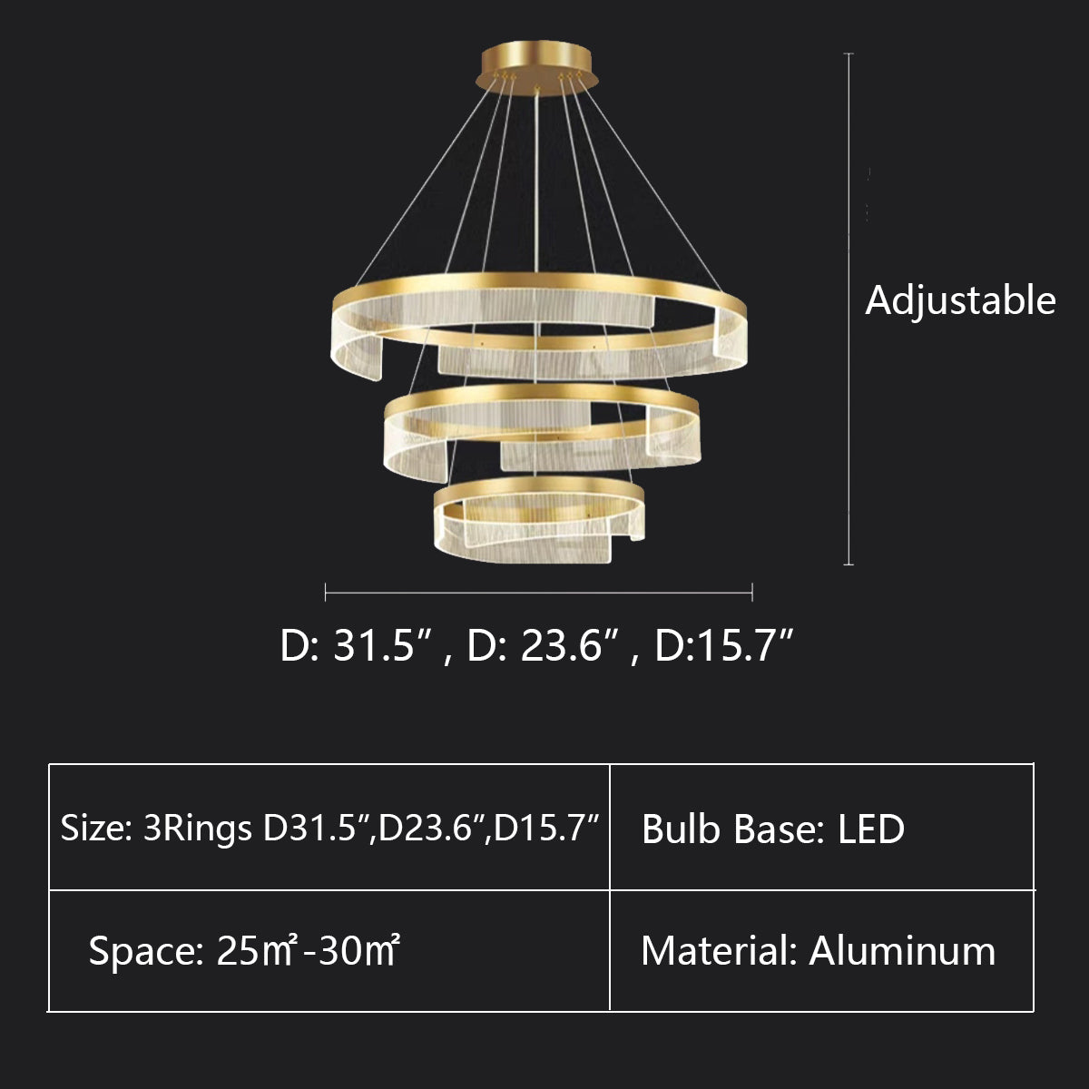 3Rings: D31.5",D23.6",D15.7" chandelier,chandeliers,aluminum,gold,adjustable,Acrylic lampshade,dining table,round,ring,circle,round table,big table,long table,light fixture,living room,bar,cafe,dining room,foyer,entryway