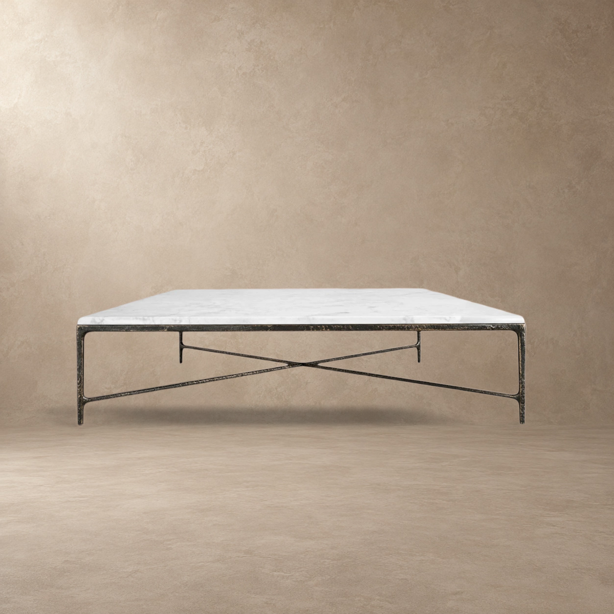 Happyarcadian Square Hammered Metal and Marble Coffee Table