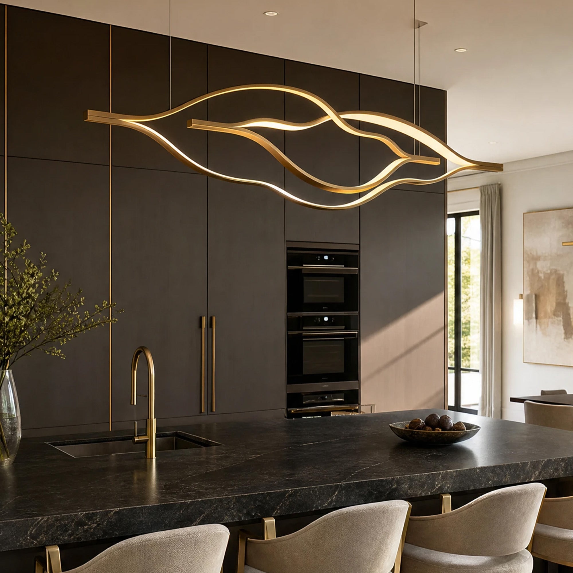 Modern Simple Brass Waving Chandelier for Living/Dining Room/Kitchen Island
