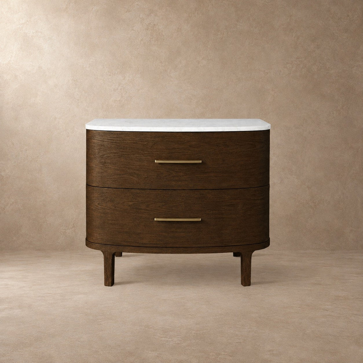 Two-Drawer Marble Top Bedside Table With Brass Pulls
