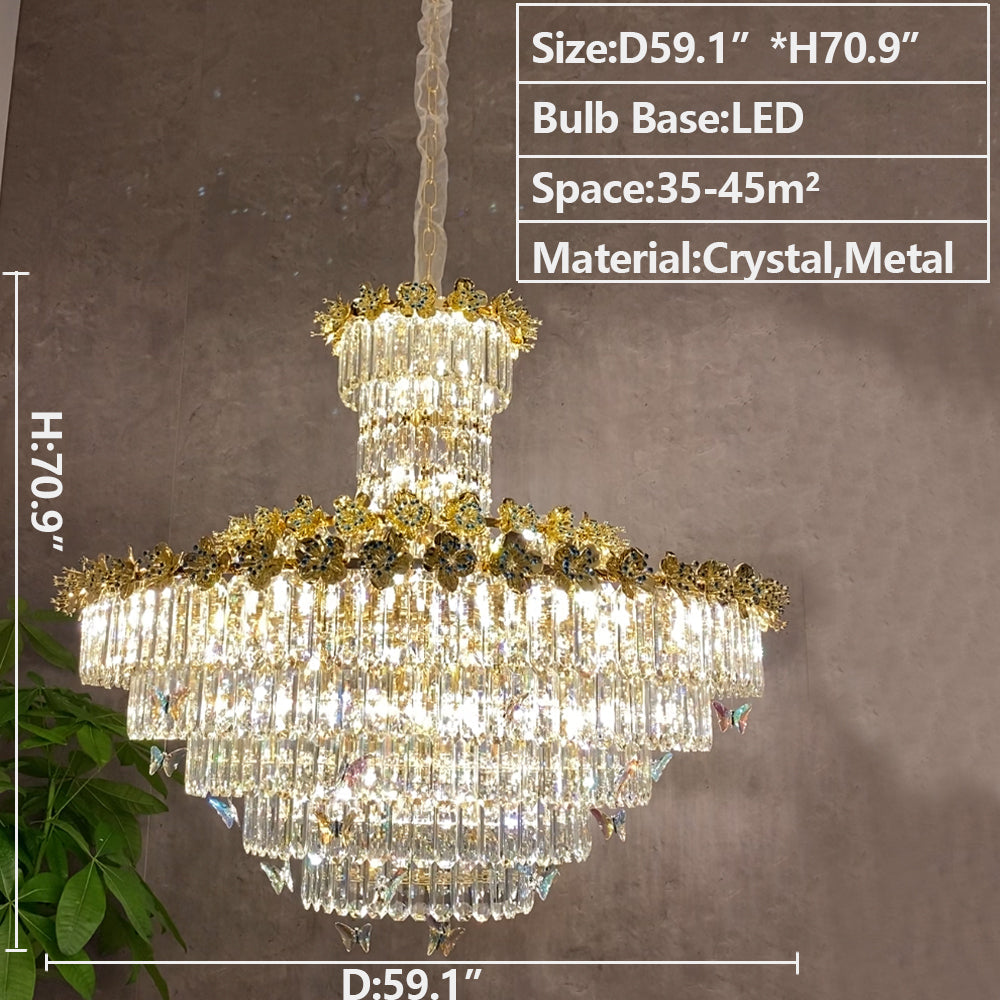 Modern Light Luxury Multi-tiered Round Ctystal Chandelier for Living Room/Staircase/Foyer, gold finish, butterfly ,flower,dimension