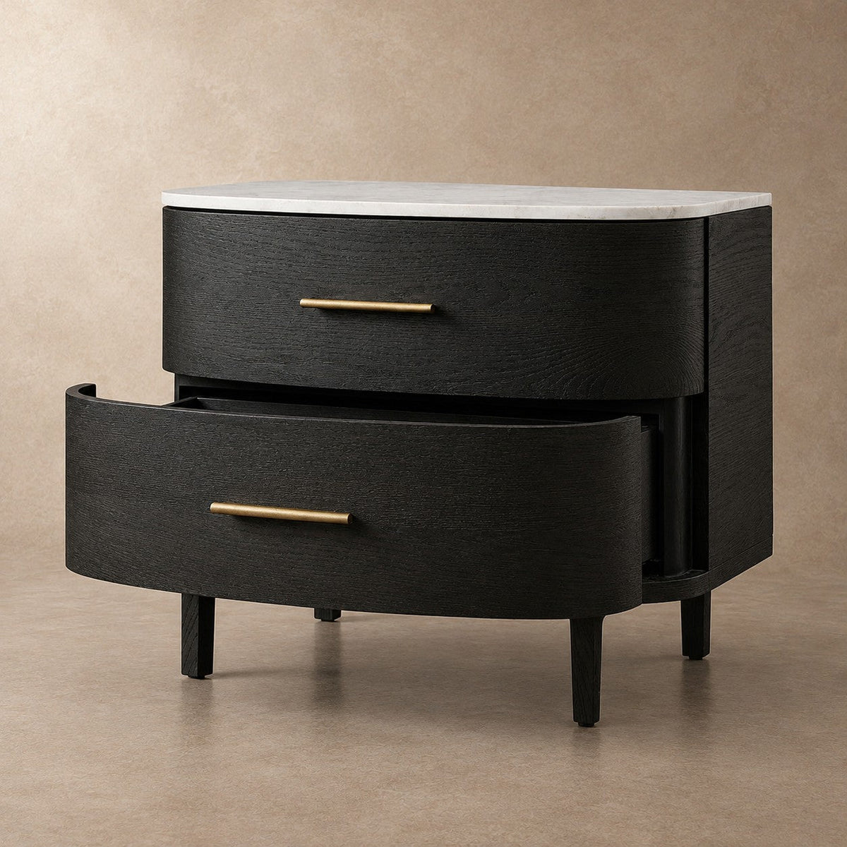 Two-Drawer Marble Top Bedside Table With Brass Pulls