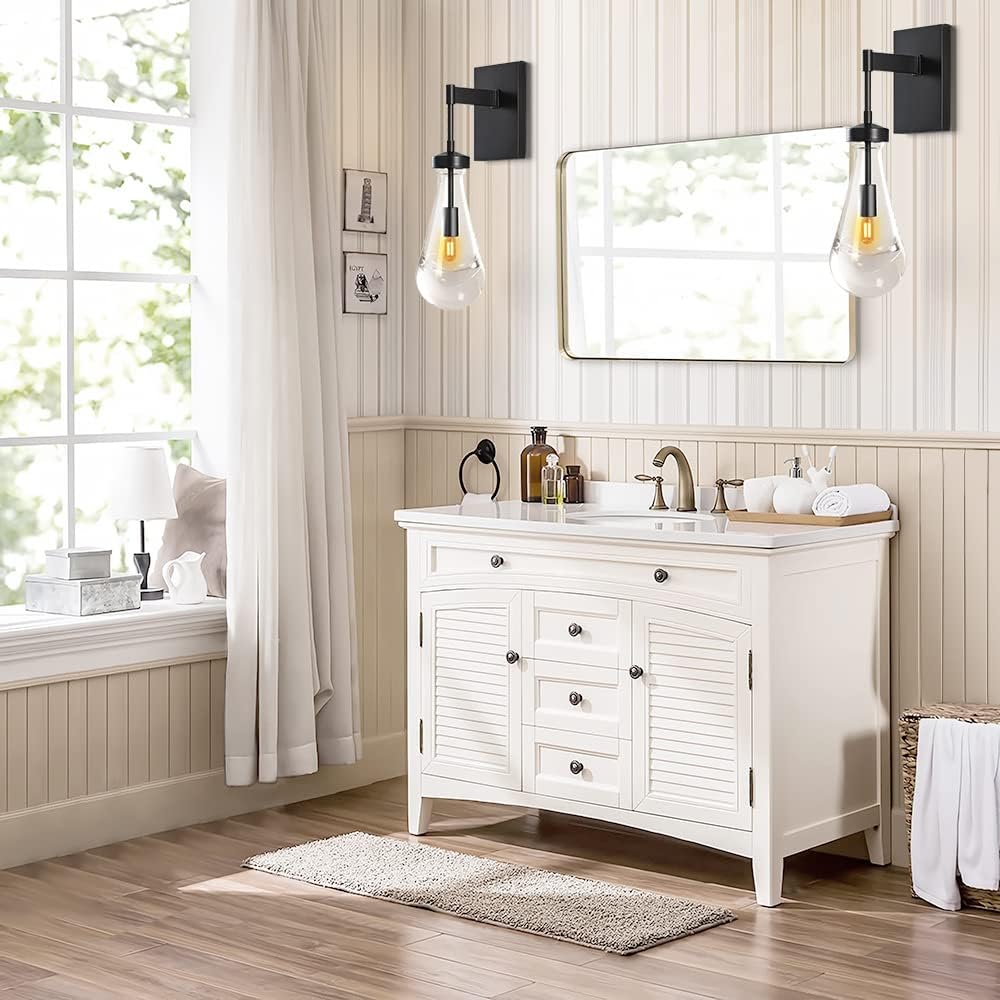 Modern Raindrop Wall Sconces Lighting Rod Type Set of 2, Matte Black Indoor Vanity Light Fixtures for Bathroom,Wall Lamp with Clear Solid Glass Raindrop for Bedroom(Including Bulb)