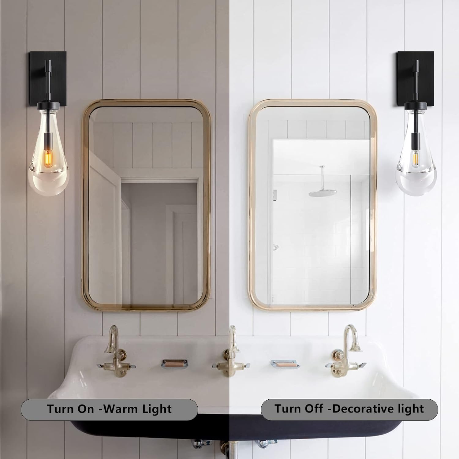 Modern Raindrop Wall Sconces Lighting Rod Type Set of 2, Matte Black Indoor Vanity Light Fixtures for Bathroom,Wall Lamp with Clear Solid Glass Raindrop for Bedroom(Including Bulb)