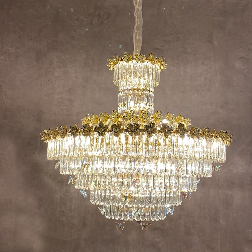 Modern Light Luxury Multi-tiered Round Ctystal Chandelier for Living Room/Staircase/Foyer, gold finish, butterfly ,flower
