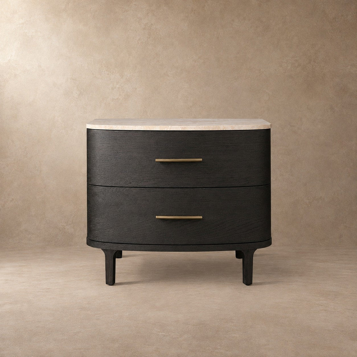 Two-Drawer Marble Top Bedside Table With Brass Pulls