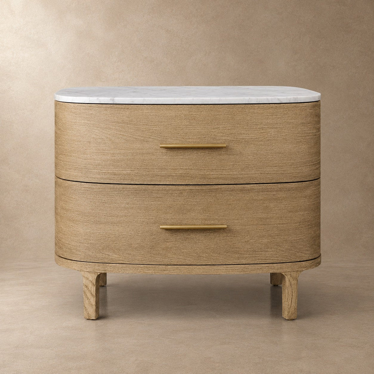 Two-Drawer Marble Top Bedside Table With Brass Pulls