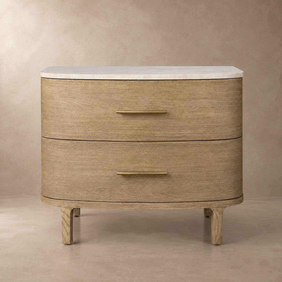 Two-Drawer Marble Top Bedside Table With Brass Pulls