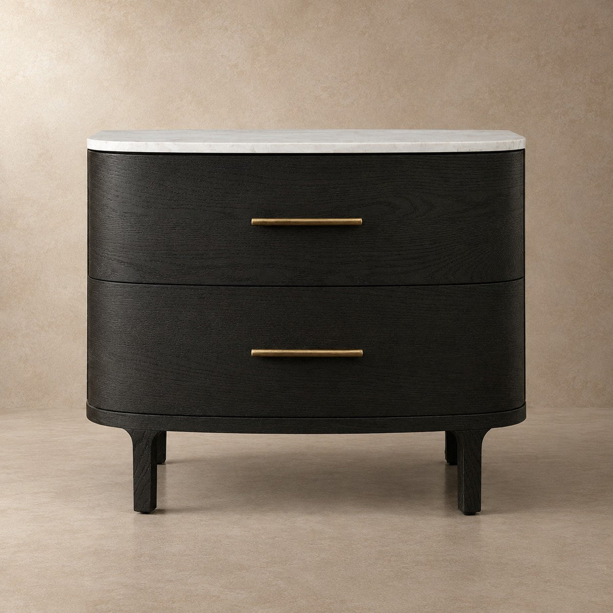 Two-Drawer Marble Top Bedside Table With Brass Pulls