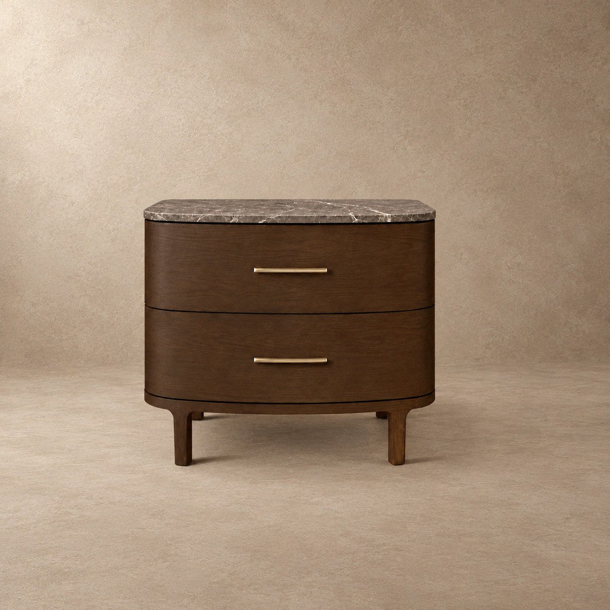 Two-Drawer Marble Top Bedside Table With Brass Pulls