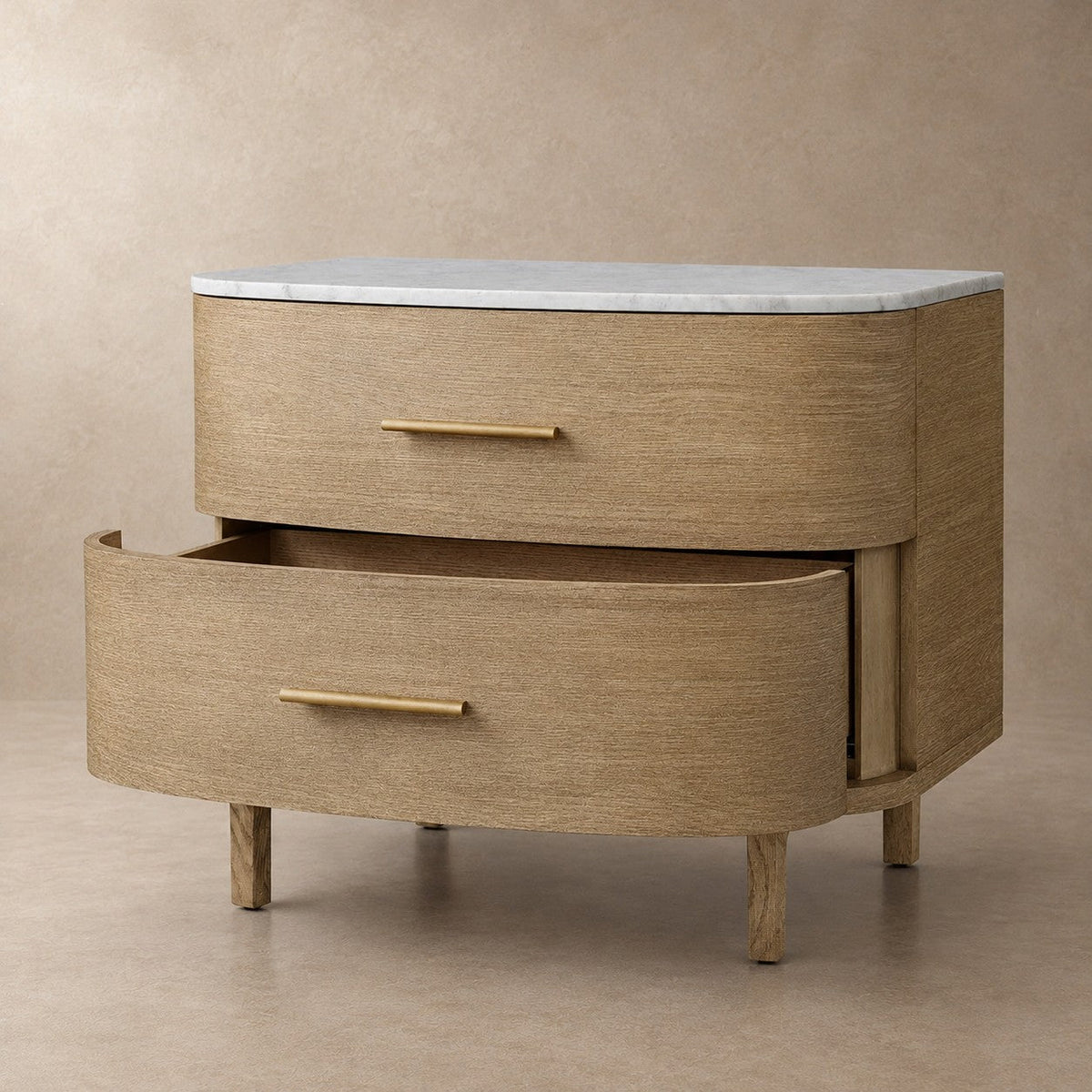 Two-Drawer Marble Top Bedside Table With Brass Pulls