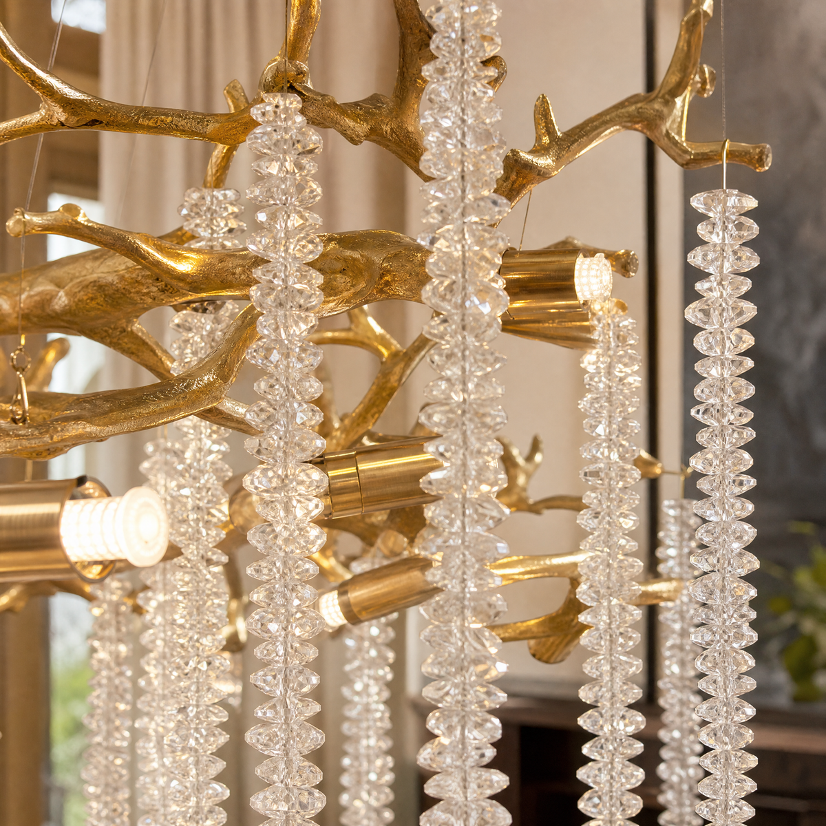 Textured Gold Metal and Crystal Rainfall Chandelier