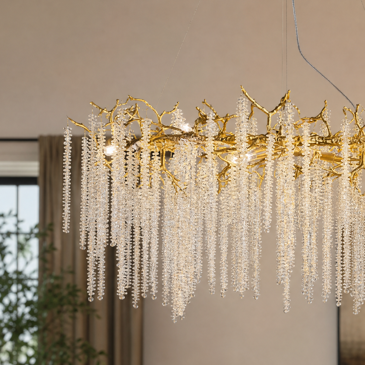 Textured Gold Metal and Crystal Rainfall Chandelier