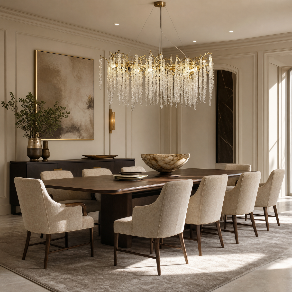 Textured Gold Metal and Crystal Rainfall Chandelier