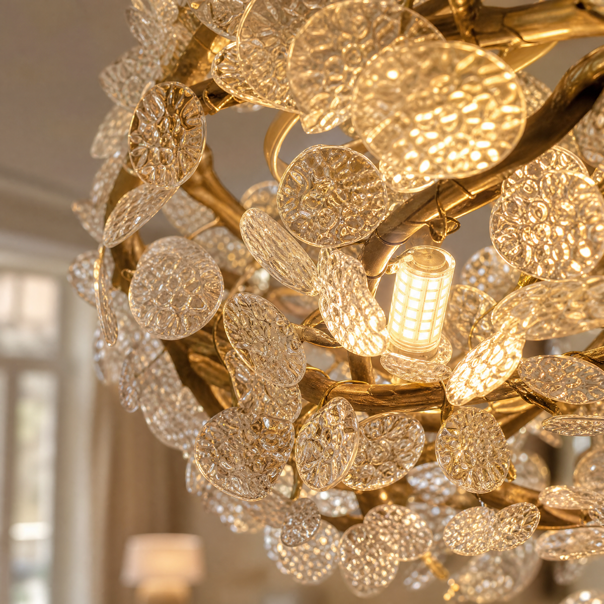 Frosted Glass Leaf Halo Chandelier with Gold Branch Frame