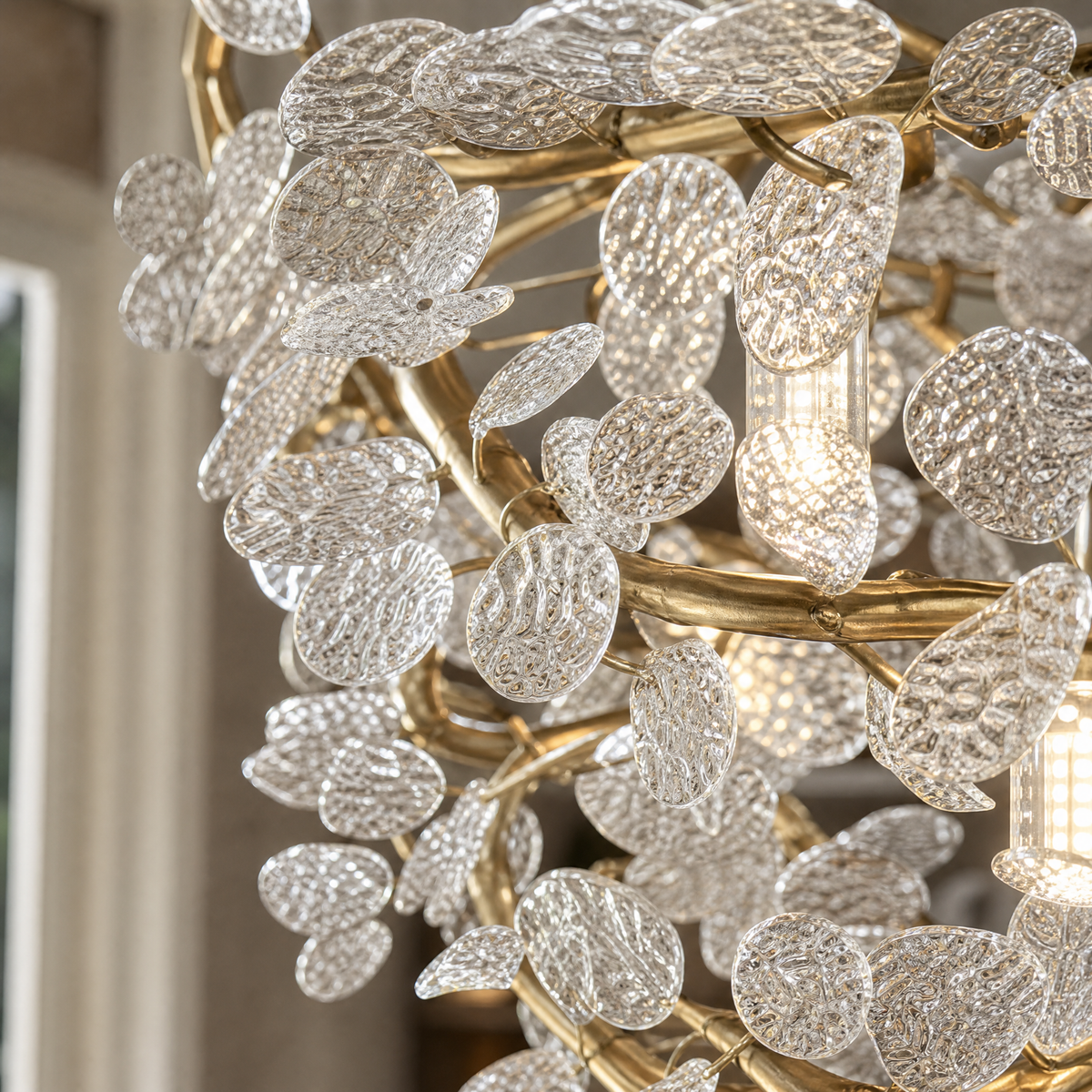 Frosted Glass Leaf Halo Chandelier with Gold Branch Frame