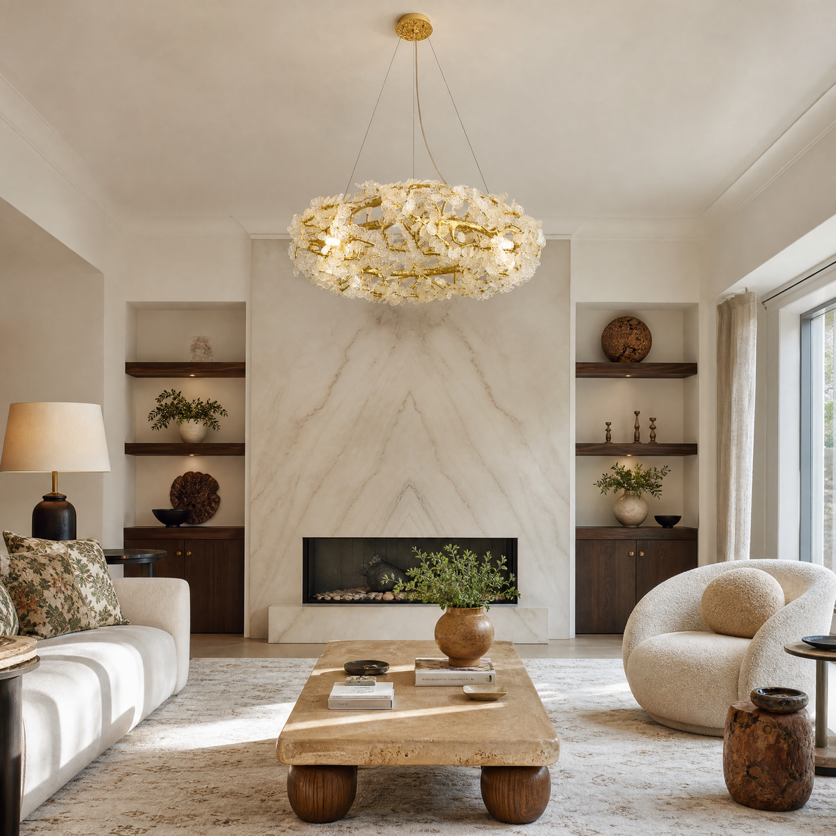 Frosted Glass Leaf Halo Chandelier with Gold Branch Frame