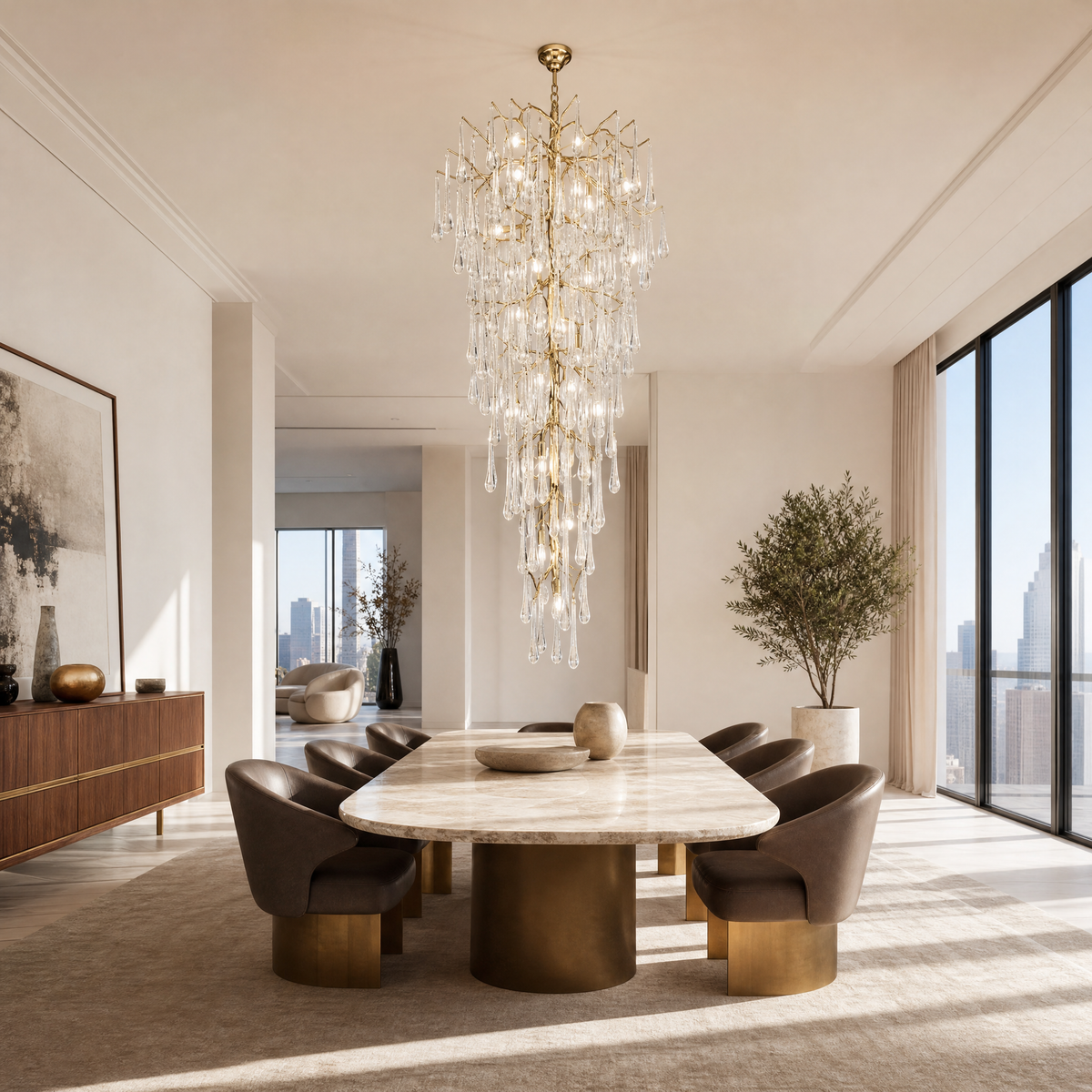 Gold Tiered Crystal Cascading Chandelier for High Ceilings