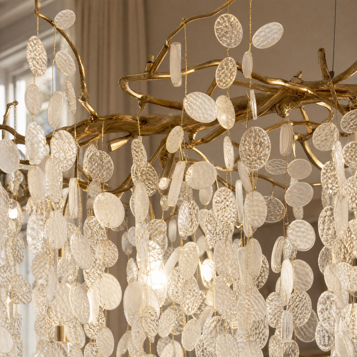 Brass Branch Chandelier with Frosted Glass Leaf Accents