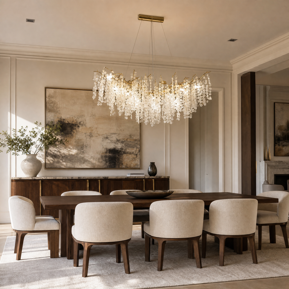 Brass Branch Chandelier with Frosted Glass Leaf Accents