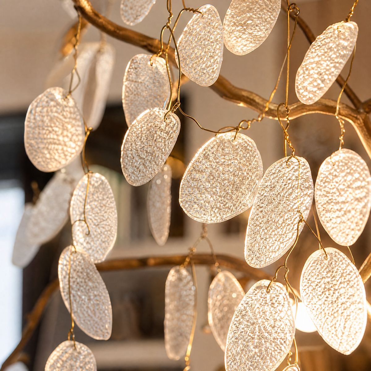 Gold Branch Chandelier with Frosted Crystal Petals