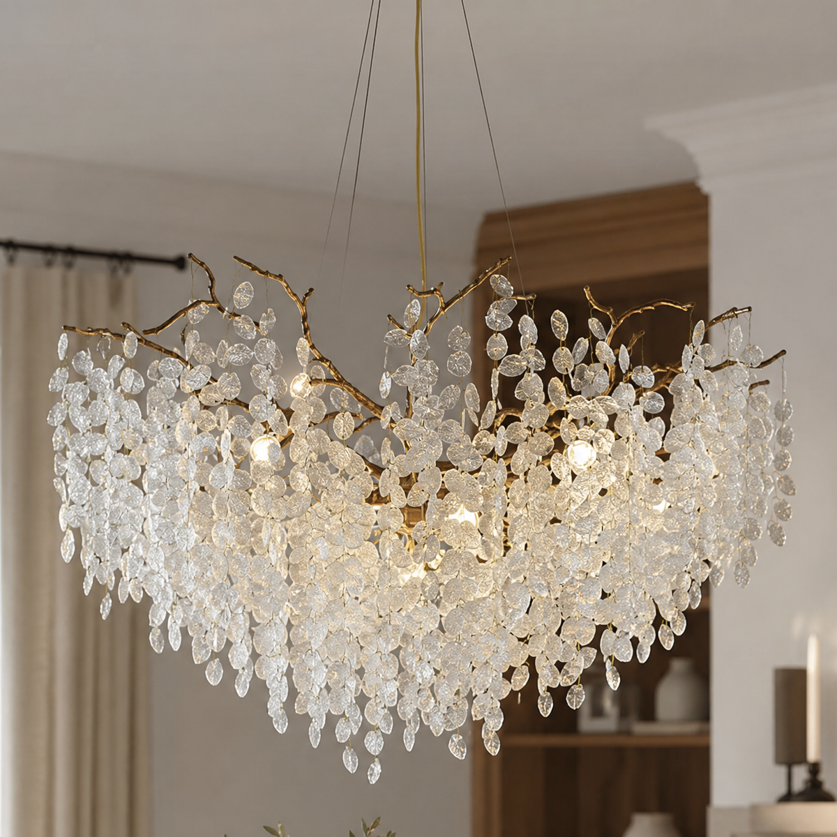 Gold Branch Chandelier with Frosted Crystal Petals