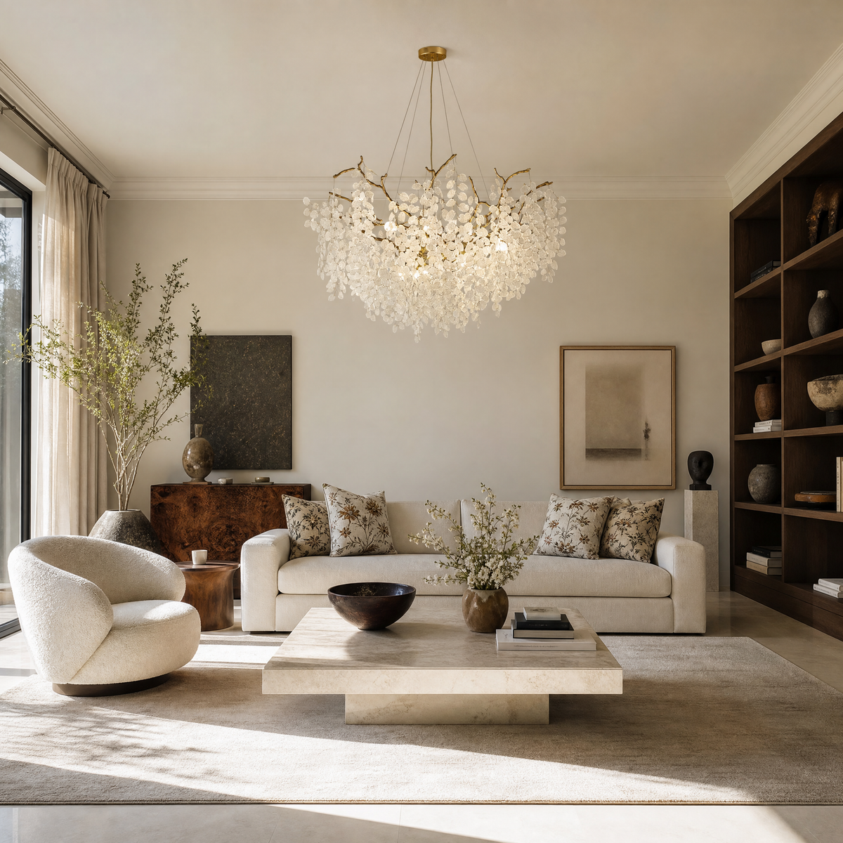 Gold Branch Chandelier with Frosted Crystal Petals