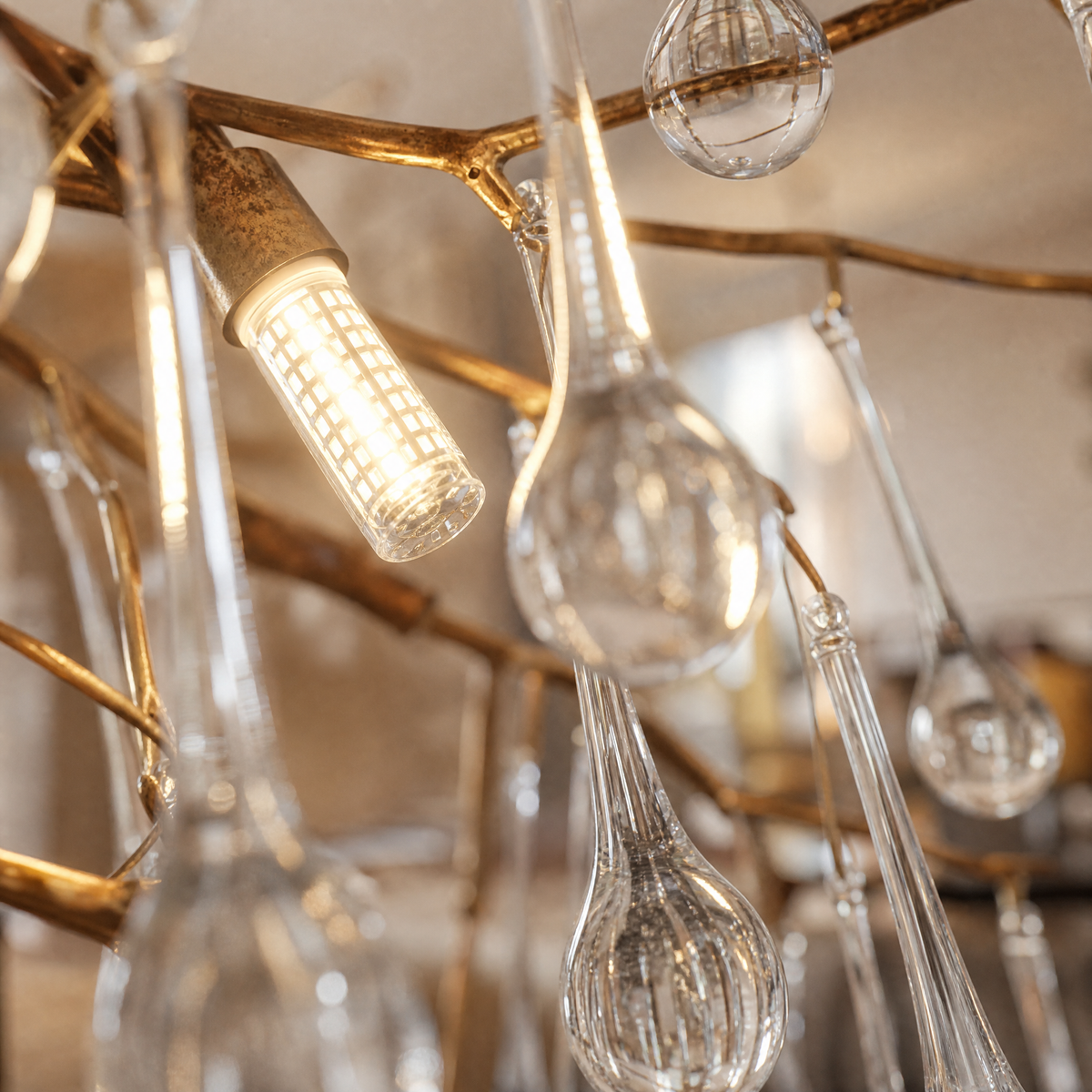 Antique Brass Metal Branch Crystal Chandelier