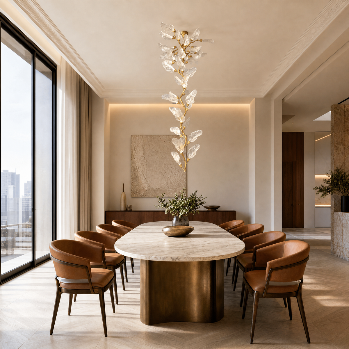 Textured Glass Leaf Cascade Gold Chandelier