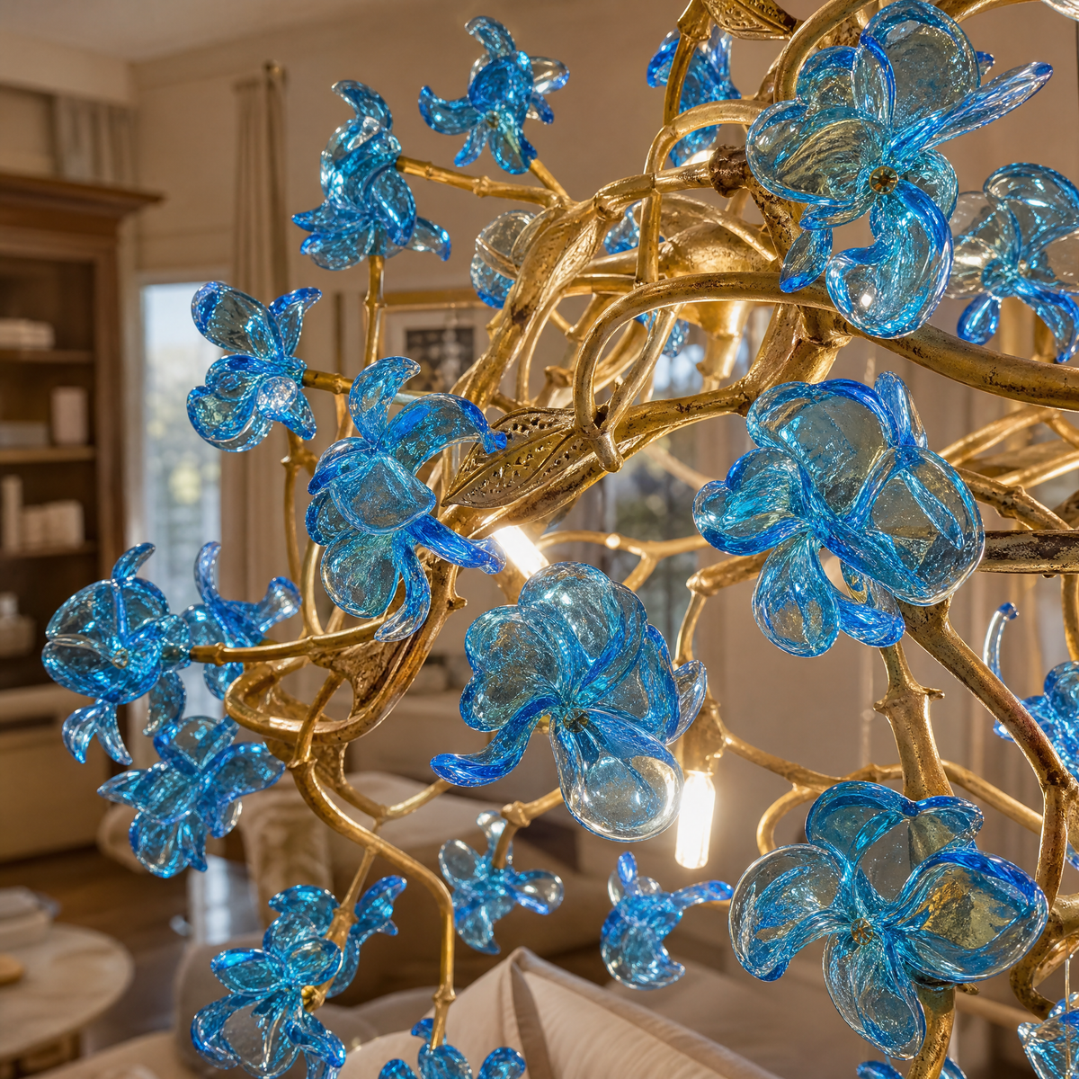 Blue Glass Floral Branch Chandelier with Gold Finish