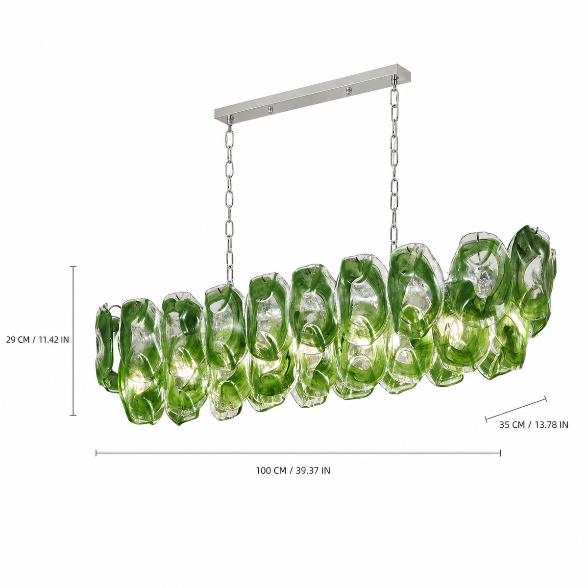 Dining Room Chandelier | Sculptural Green Glass Linear Style | Verdalia