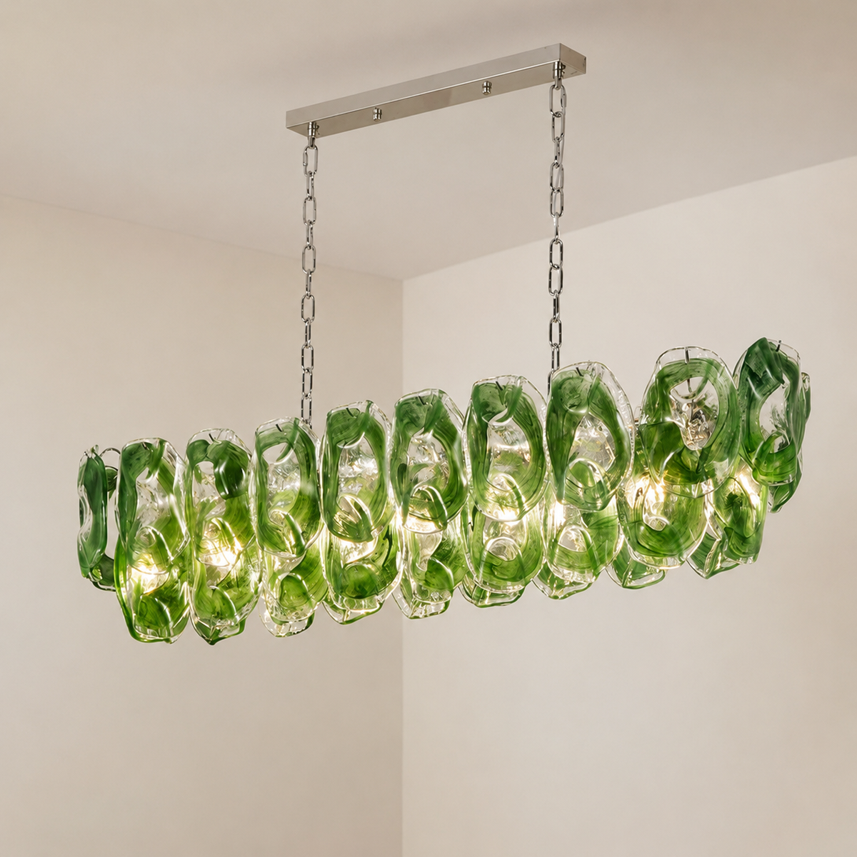 Dining Room Chandelier | Sculptural Green Glass Linear Style | Verdalia
