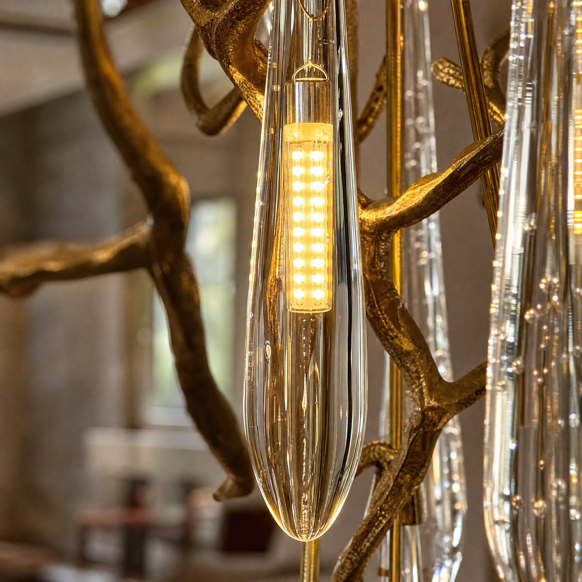 Gold Metal and Crystal Teardrop Waterfall Chandelier