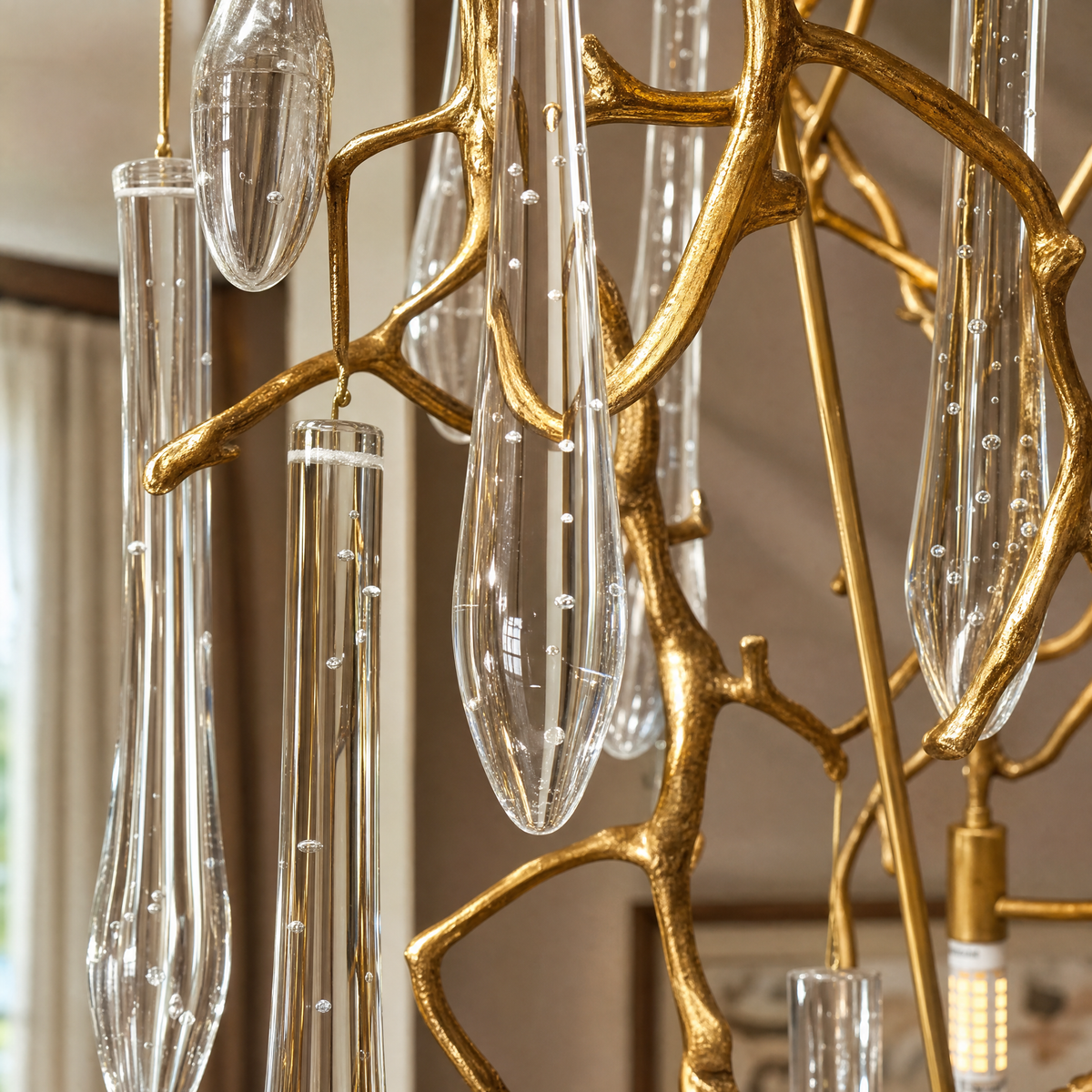 Gold Metal and Crystal Teardrop Waterfall Chandelier