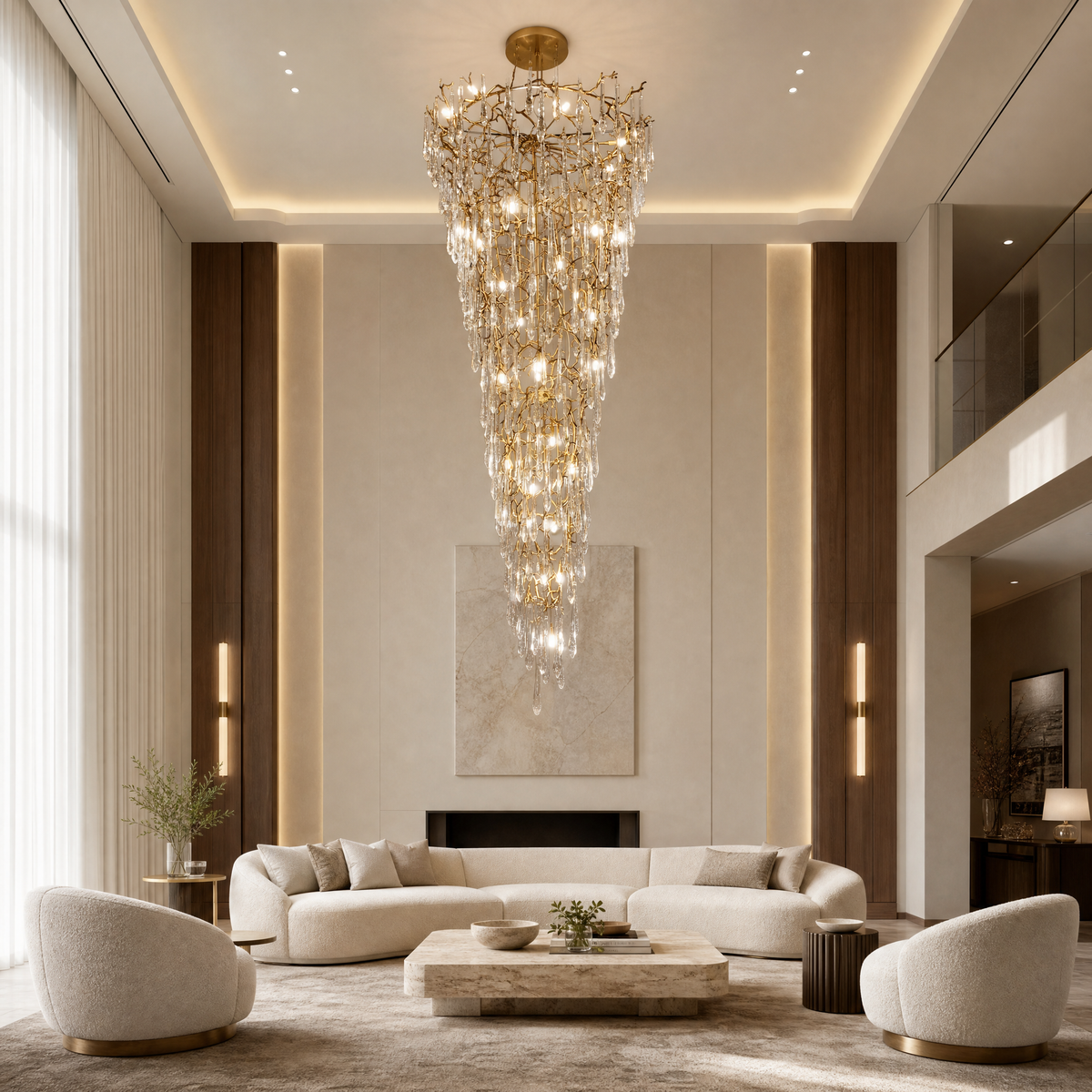 Gold Metal and Crystal Teardrop Waterfall Chandelier