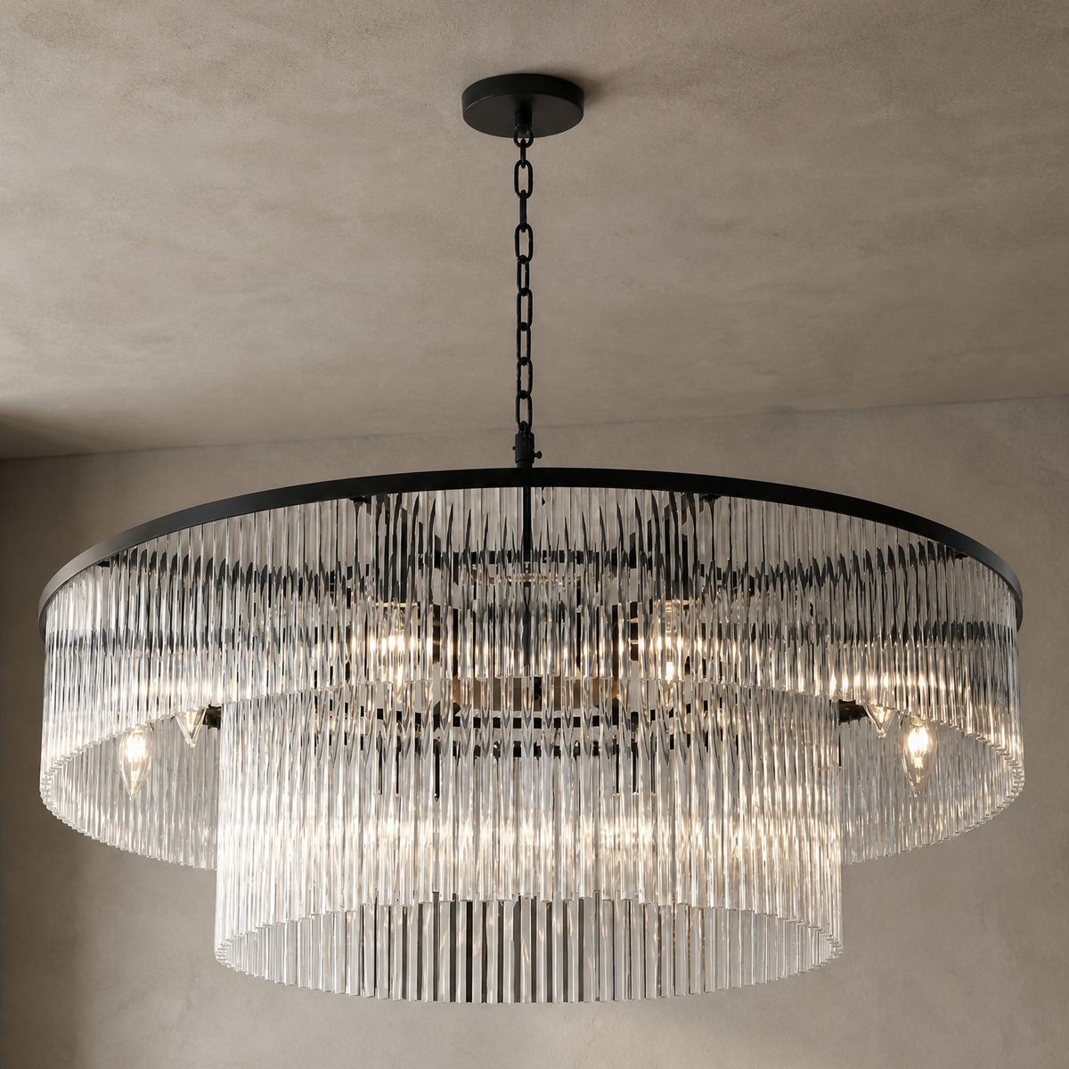Two-Tier Striped Column Round Pendant D800 - Black