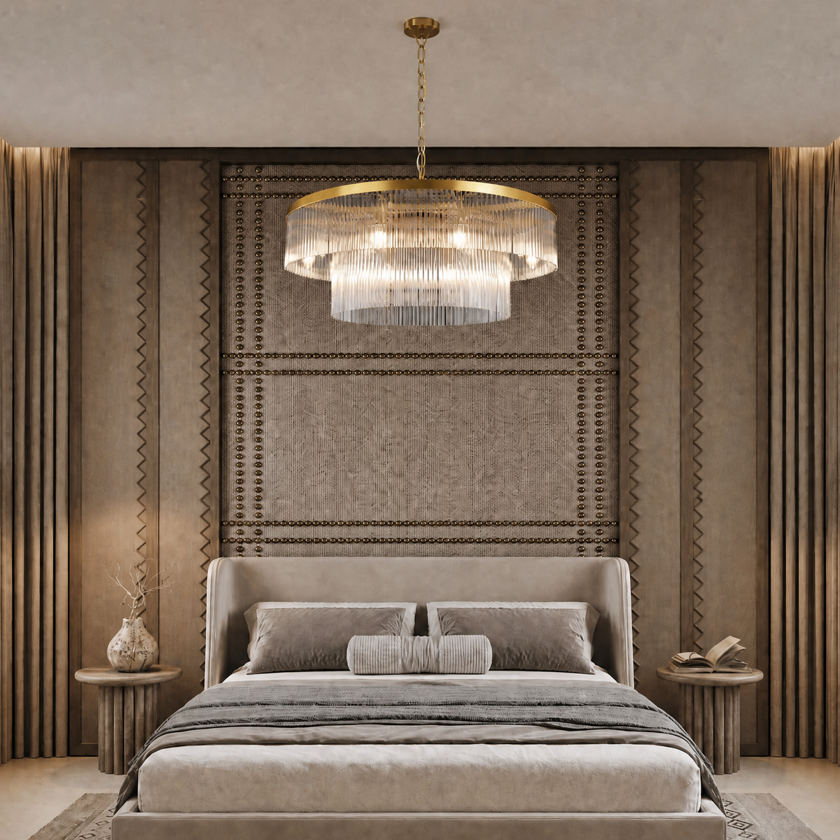 Two-Tier Striped Column Round Pendant D800 - Gold
